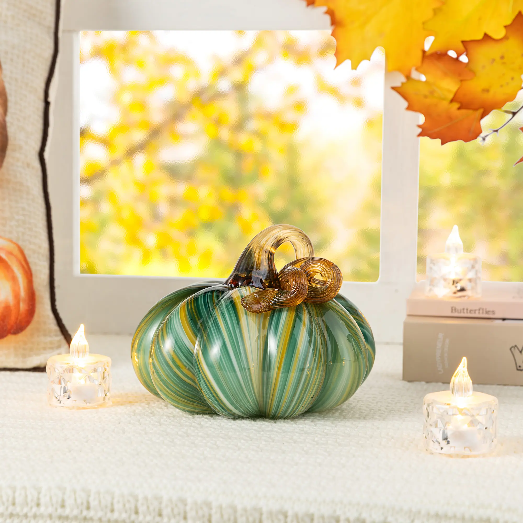 Glitzhome 5.75"D x 4.75"H Multi-Green Striped Glass Large Artificial Pumpkin Decor, for Centrepieces & Festive Pumpkin Decorations, Artificial Pumpkin Centrepieces