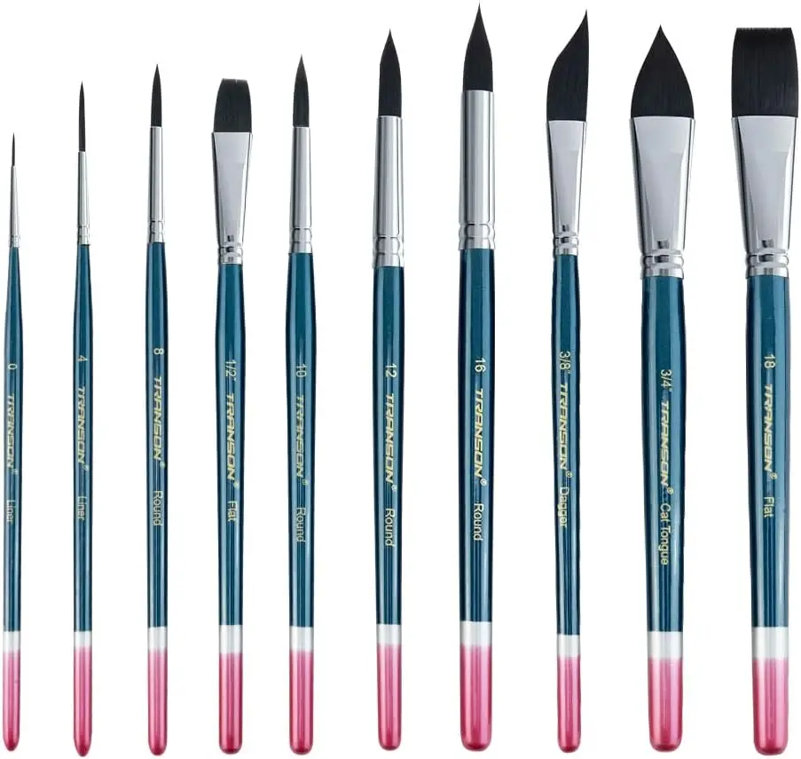 Transon 10pcs Natural Animal Hair Art Paintbrush Set - Assorted Sizes, Beginner Friendly Brush Kit Drawing & Painting Supplies for Watercolor, Acrylic, Ink, Gouache, Tempera, Blue Artist Office Art Supplies