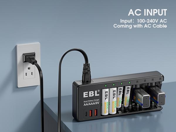 EBL AA AAA 9V Individual Battery Charger for AA AAA 9V NiMH NiCD and 9V Li-ion Rechargeable Battery, with 2 USB-A & 1 USB-C Charging Ports