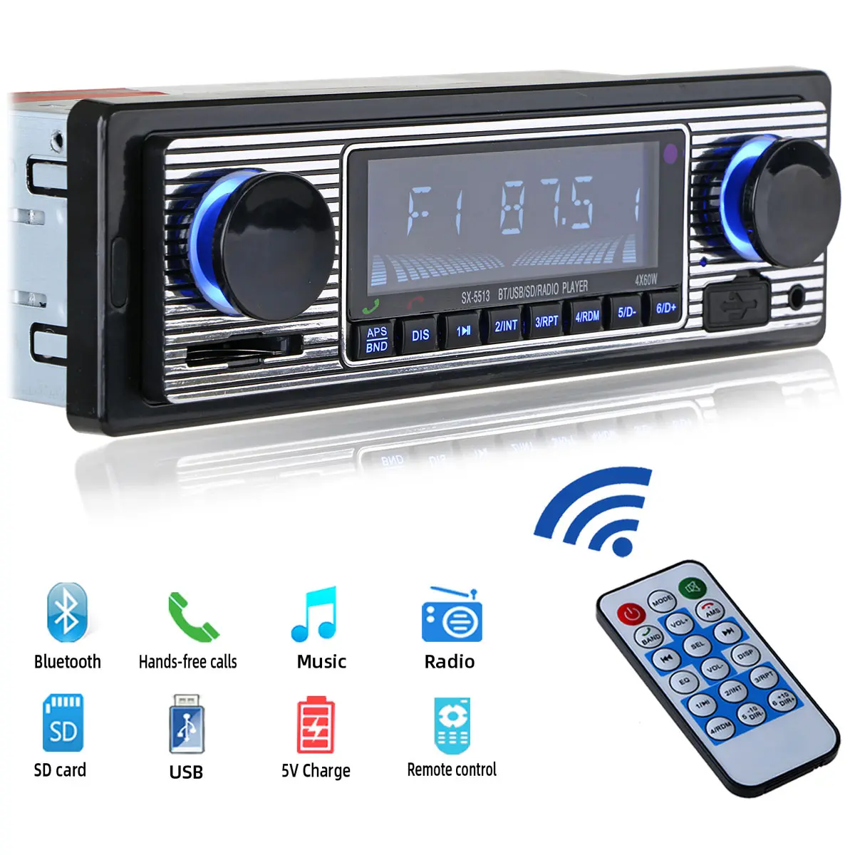 FYPLAY Classic Bluetooth Car Stereo FM Radio Receiver Hands-Free Calling Built-in Microphone USB SD AUX Port Support MP3 WMA WAV Dual Knob Audio Car Multimedia Player Remote Control cars auto accessories, Car Stereo Speaker, Vehicle Accessories