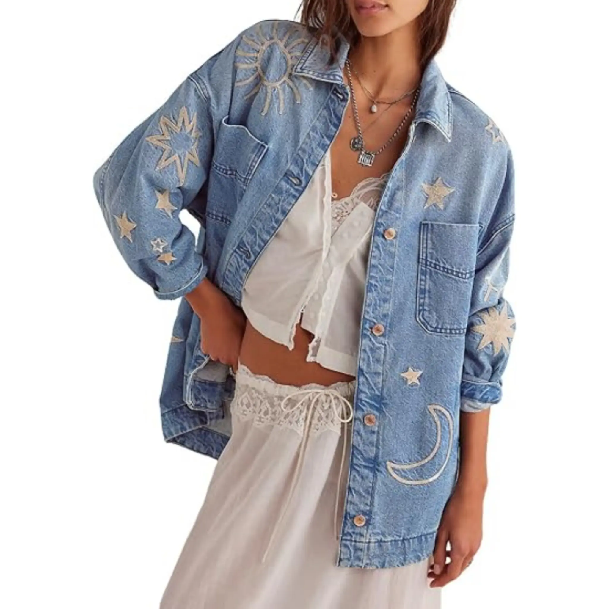utcoco Women's Retro Chic Long Sleeve Oversized Denim Jacket, Embroidered Graphic, Button-Down, Casual Loose Fit Sun-Protective Jean Jacket, Embroidery, Coats, Tops, Shacket, Garment, Soft, Chunky, Solid, Cotton, Fashion, Outerwear, Drop Shoulders