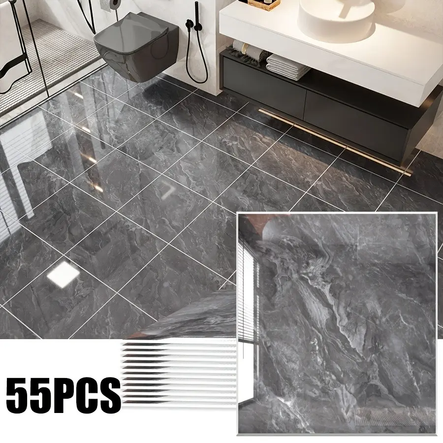 55pcs Self-Adhesive Marble Texture PVC Vinyl Floor Tile Set, Waterproof Non-Slip DIY Removable Peel and Stick Flooring for Living Room, Kitchen and Bathroom