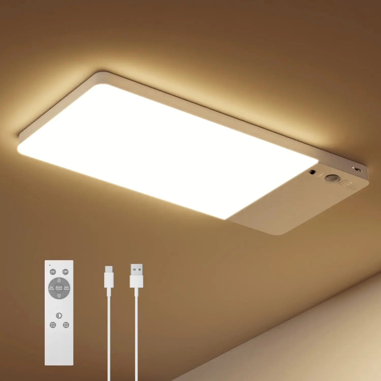 Rechargeable Motion Sensor Ceiling Light Upgraded with 12000mAh Battery LED Shower Lights Ceiling Lamp for Bathroom Pantry Garage Remote Control 3 Color Temperatures Brightness Adjustment No Drill Cordless Installation, Indoor Night Light, Multifunctional