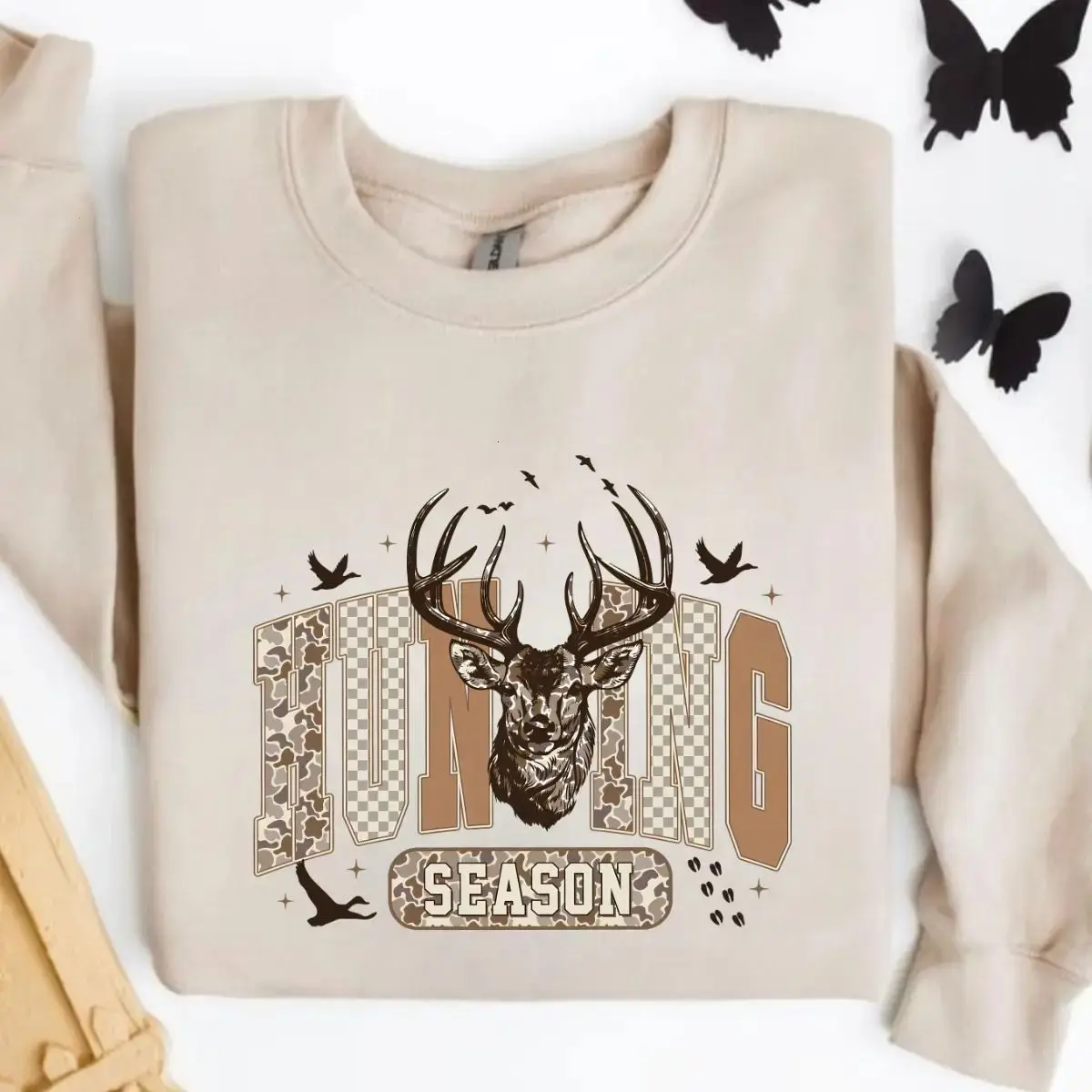 Hunting Season Sweatshirt – Retro Deer Head Design With Camo And Checker Print, For Hunters, Cozy Crewneck, Apparel Made In The US - ZeusWear 68		