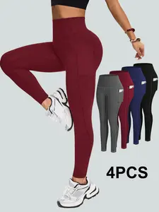 Seamless High-Waisted Casual Comfy Yoga Leggings 4-Pack for Plus Size | Tummy Control & Squat-Proof with Pockets - Comfortable All-Day Fit Fabric for Running, Gym & Pilates