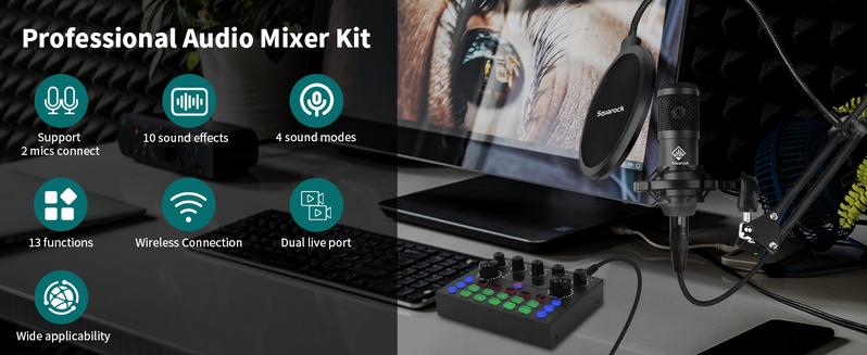 Squarock Podcast Equipment Bundle, Audio Interface with DJ Mixer Condenser Microphone for PC/Phone/Laptop,Recording,Streaming,Gaming