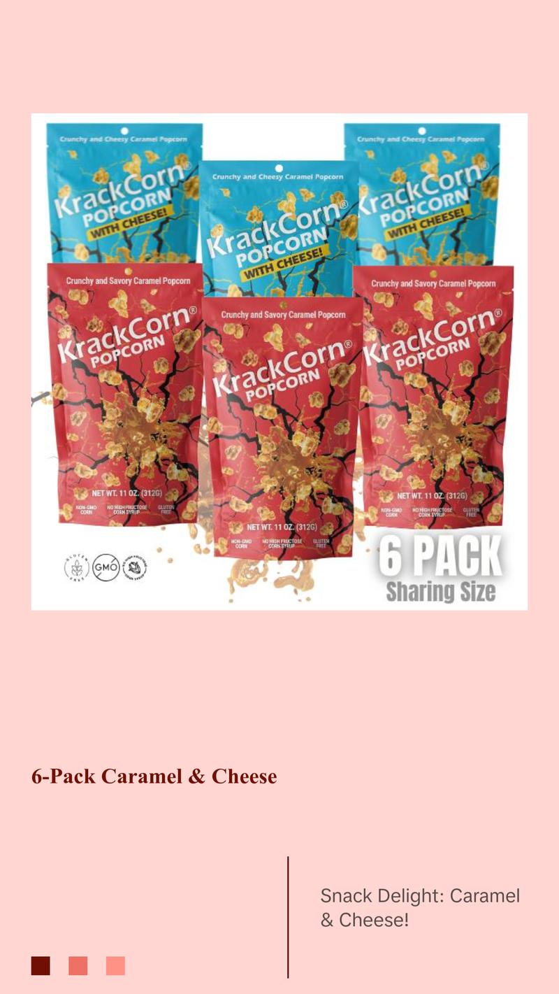 KrackCorn Popcorn 6-Large Bags Mixed with the Original Crunchy Caramel and KrackCorn With Cheese. Non-GMO, Gluten Free, Family Recipe Crunchy Snacks