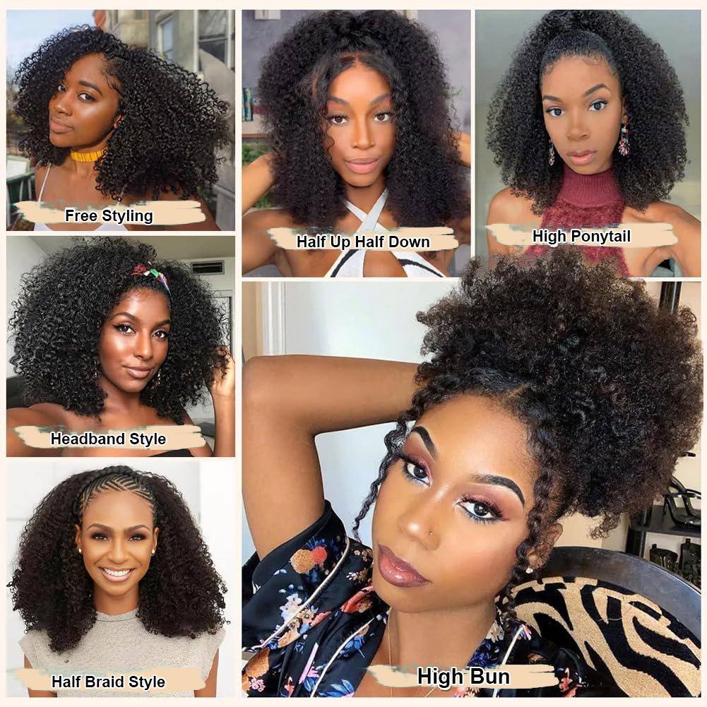 Kinky Curly Half Wig Human Hair 200% Density 3 In 1 Half Wig With Drawstring Seamless Clip Glueless Wear and Go Headband 100% Human Hair  Wig Beginner Friendly For Women valentines gifts for gf