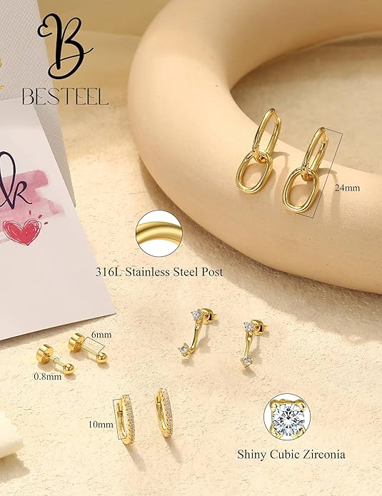 BESTEEL Small Hoop Earrings for Women - Hypoallergenic Surgical Steel Flat Back Earring Stacks Set Dangle Huggie Stud Cartilage Jewelry Trendy 4 Pairs