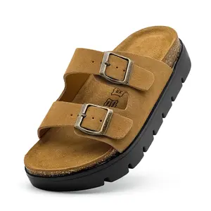Mens Suede Platform Sandals Comfortable Summer Beach Slides Sandals with Double Adjustable Buckle Chunky