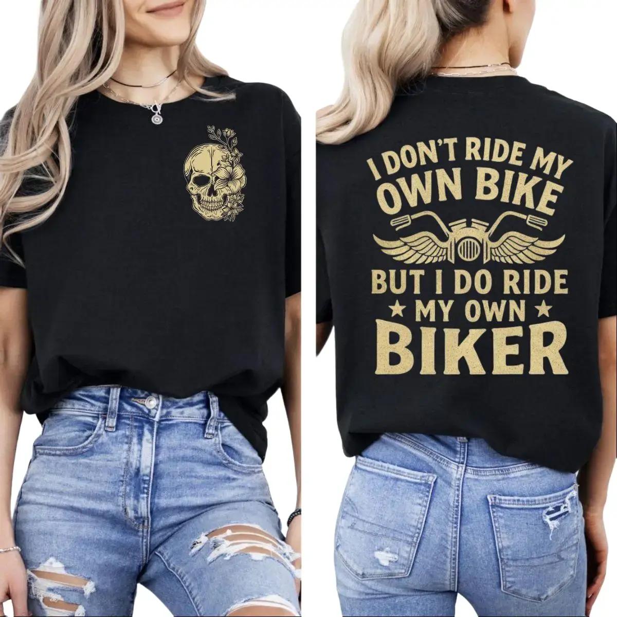 Fitted Round Neck Biker Sports T-Shirt - 2-Sided Funny Motorcycle Skeleton Unisex Crewneck Pullover Top, Biker Gift For Her, Casual Sports & Outdoor Clothing, Shortsleeve