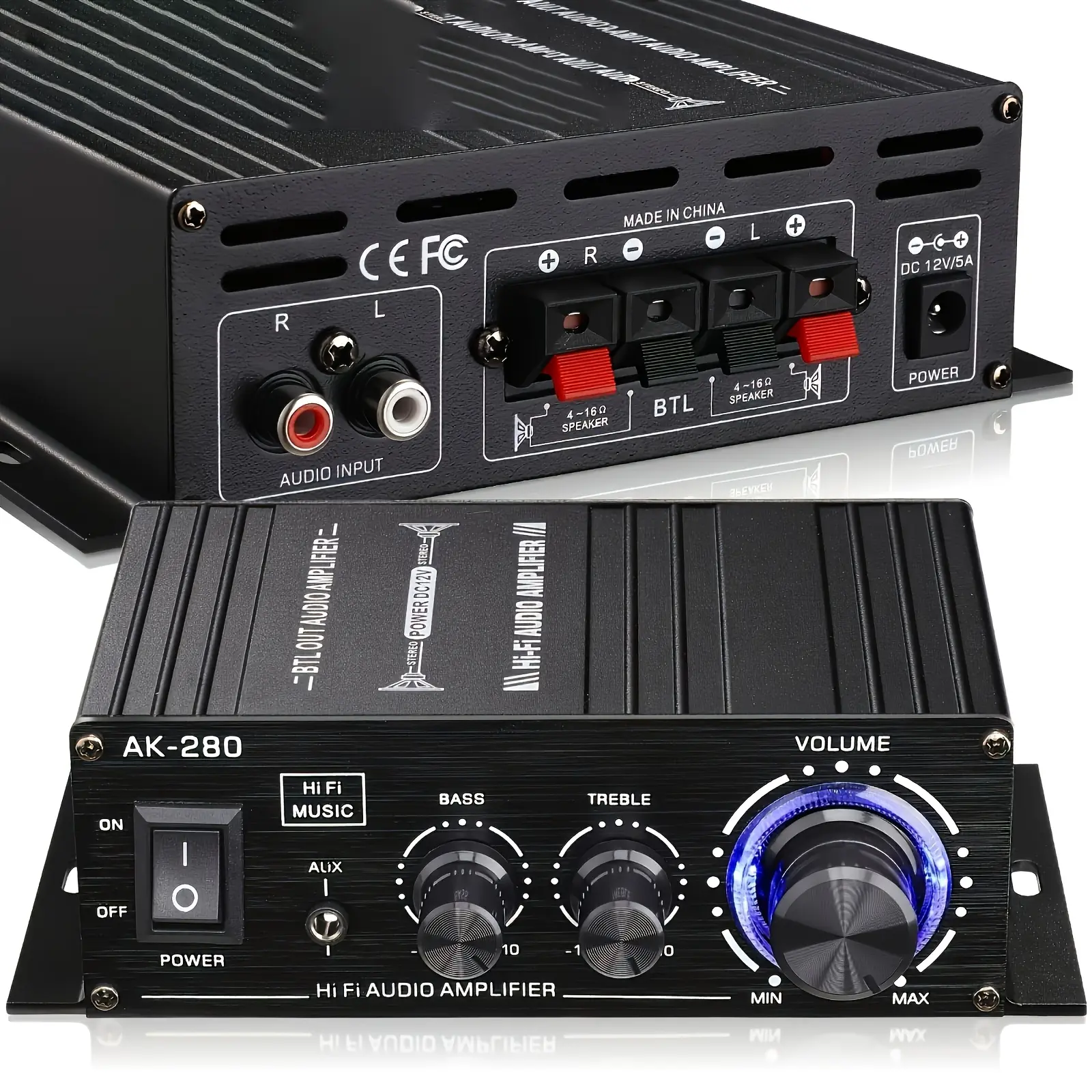 2.0-Channel Low Distort Audio Amplifier Module with 2.0 Stereo Output, 12V DC Power, Car Stereo Compatibility, Volume Control, Heavy-Duty Aluminum Board for Home Theater, Bookshelf Speakers