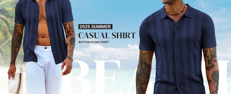 COOFANDY Men's Knit Shirts Short Sleeve Casual Button Down Polo Shirt Summer Beach Vacation Shirts Outfit Top