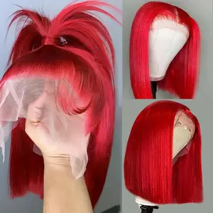 13x4 Bob Lace Front Wigs Human Hair Straight #1B/613 Short Bob Wigs 180% Density Blunt Cut Pre-plucked Hairline Bleached (#Red（ T Part 13x4x1）, 10Inch)