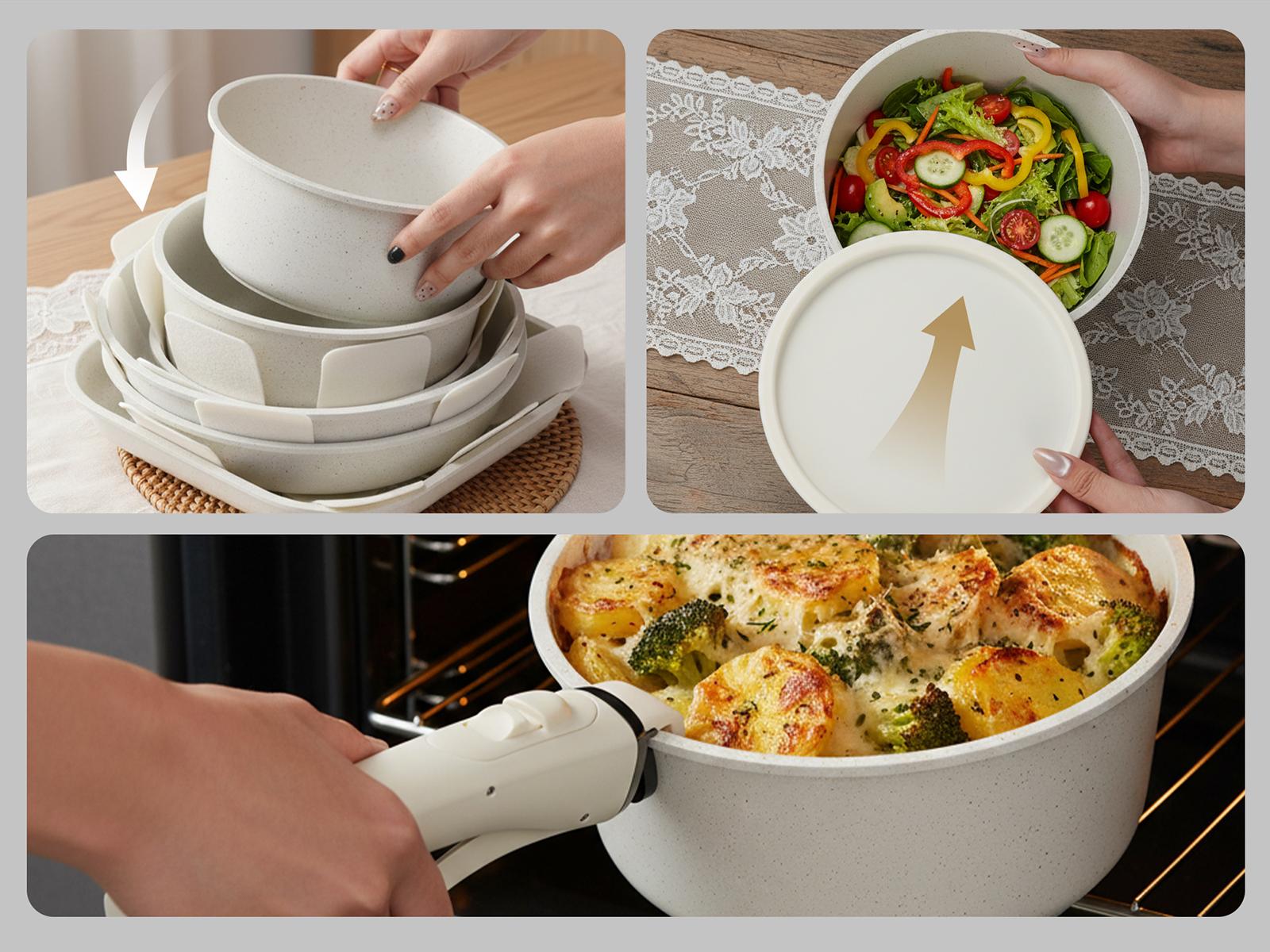 USELUCK 20 Pcs non stick pots and pans, Oven Safe, Stackable pots and pans with removable handles, Healthy RV Set with Detachable Handle Frying Induction Lids Stove Square Silicone Glass Cookware home use