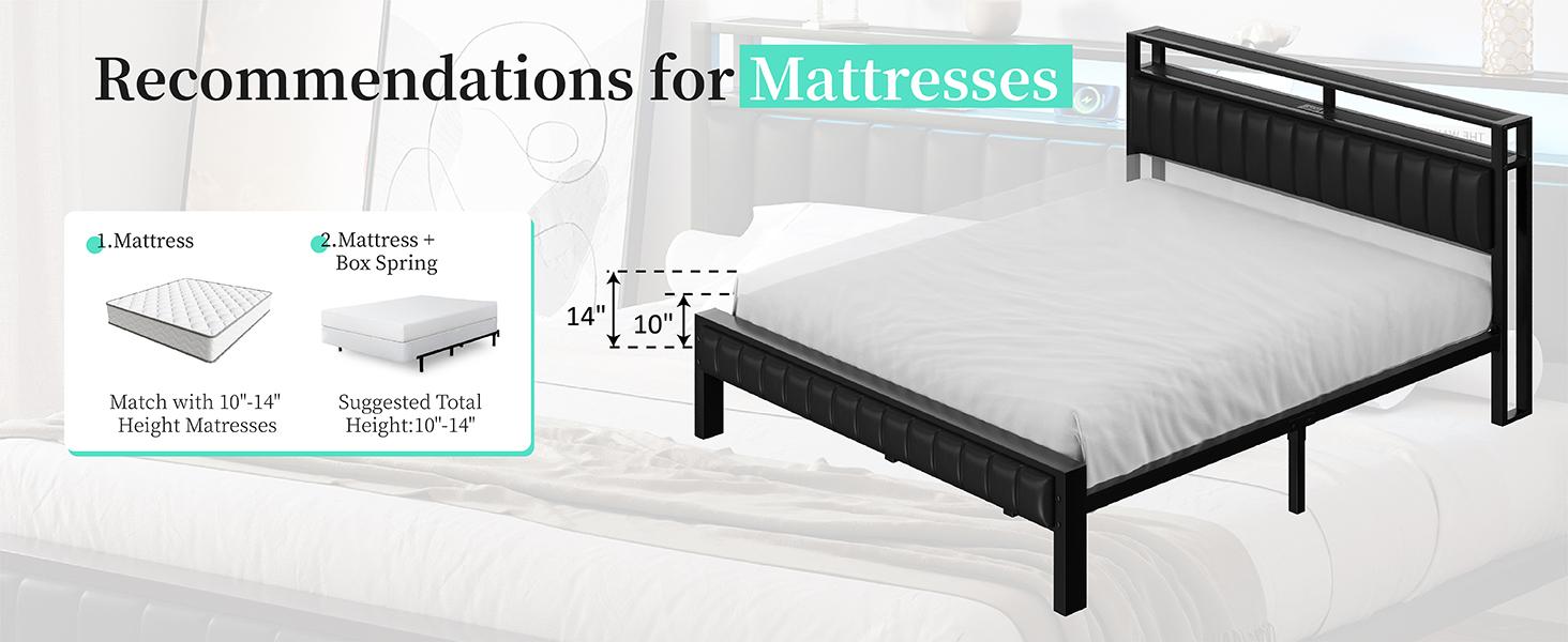 AMERLIFE Platform Bed Frame with LED Light, PU Headboard, Charging Station and 2-Tier Storage Space,Best Gift Ideas/Christmas Gifts