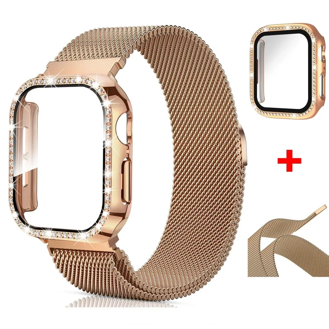 Milanese Loop + Case for Apple Watch Series 44mm 45mm 40mm 41mm 46-42mm Diamond Cover+Band, iWatch 11 10 9 8 7 6 5 4 10 Ultra 49mm Strap