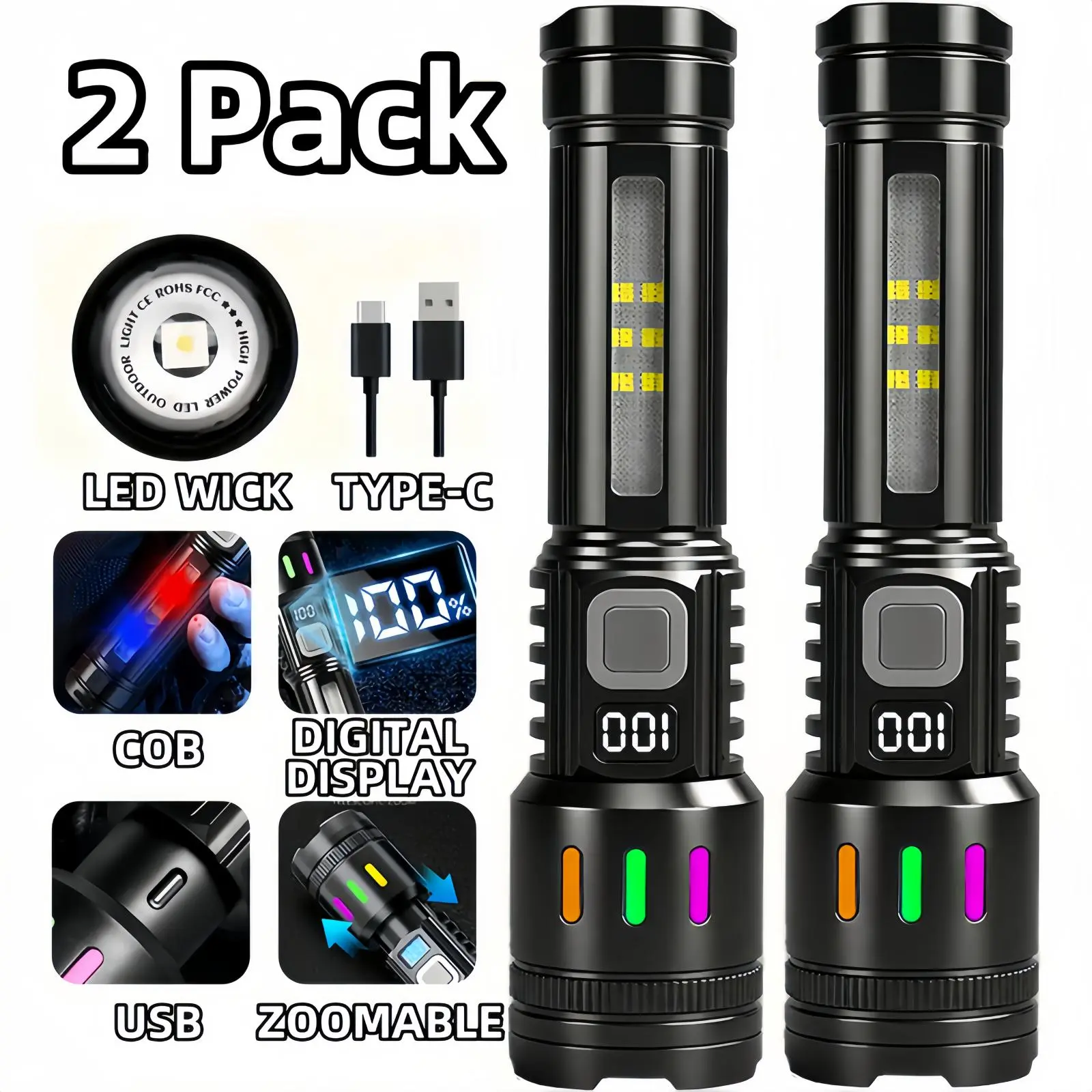 2/4-Pack Portable Rechargeable LED Flashlights Torch Black, High Lumens, Adjustable Tactical Design, 5 Modes, COB Side Light, USB-C Fast Charging, Zoomable Beam, Strobe Colorful Mode, 2000mAh Batteries, Lightweight for Outdoor Hiking Camping