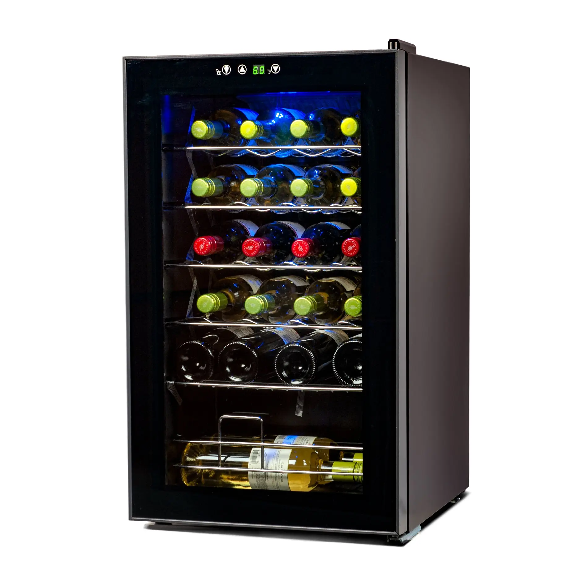 BLACK+DECKER 24-Bottle Wine Fridge with Interior Light and Electronic Temperature Control, Compressor Cooler with Wine Racks and Flat Shelf, Bottle Chiller and Fridge with Bottom Compartment, BD61526