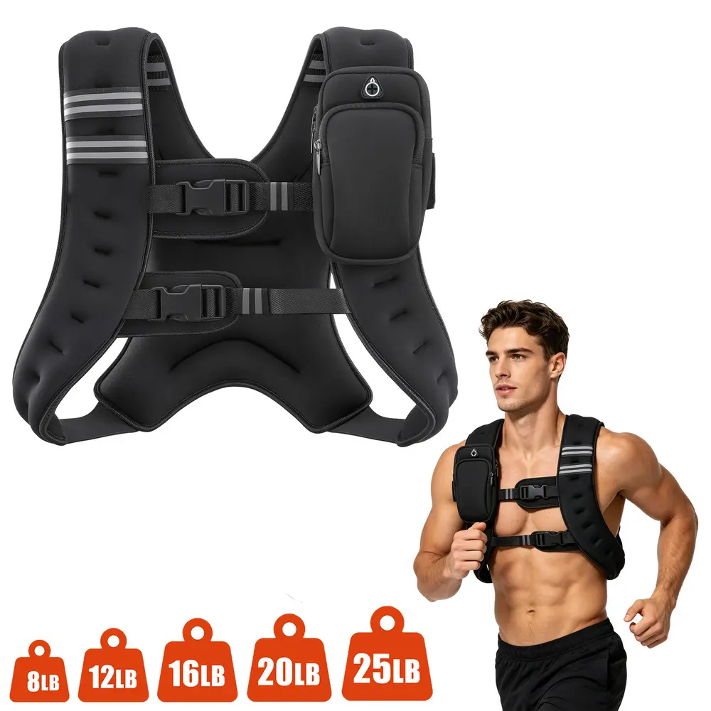 Weighted Vest, 8lb/12lb/16lb/20lb/25lbs Reflective Stripe Adjustable Buckle Weight Vest, Durable Breathable for Strength Training Weightlifting