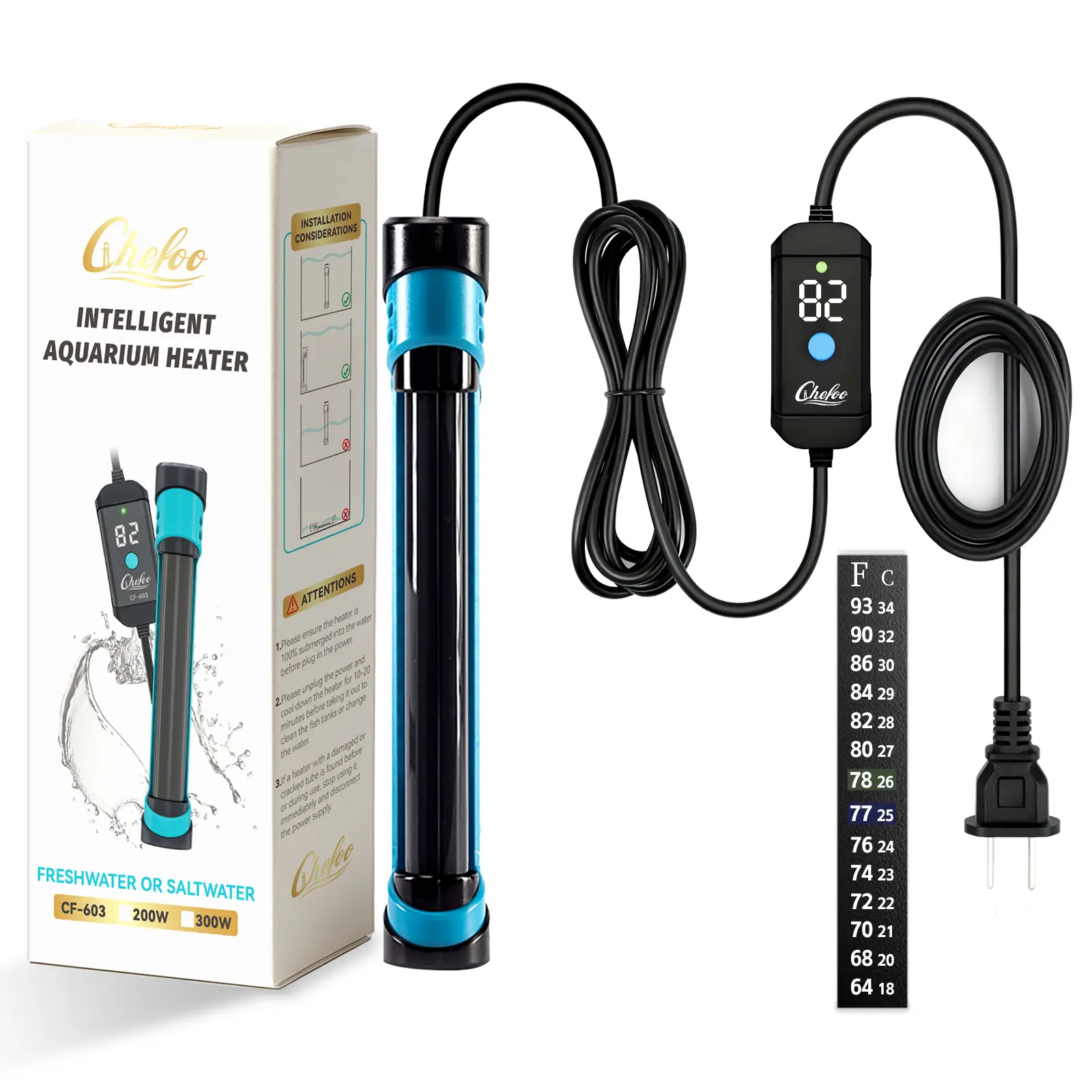 Chefoo 200W Submersible Aquarium Heater Adjustable Fish Tank Heater with Digital Display External Controller Overheat Protection & Free Thermometer for 10-30 Gallons Freshwater Saltwater Tank