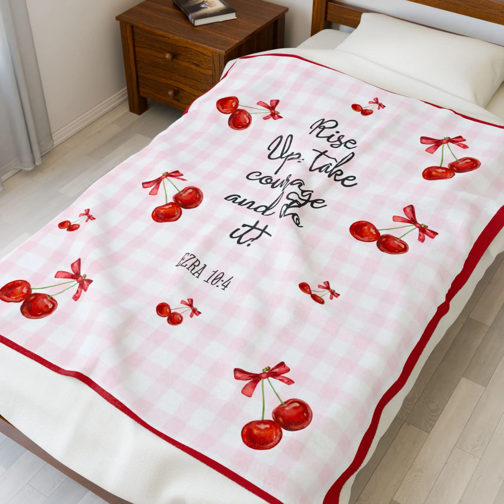 Rise Up Take Courage Cherry Blanket | Velveteen Throw, Ezra 10:4