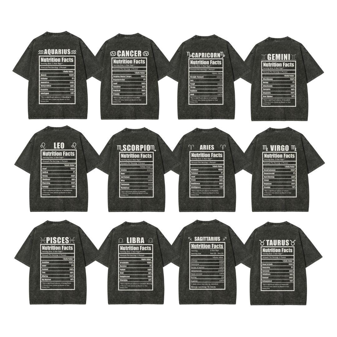 S - 5XL Unisex Vintage Washed Tee Zodiac Nutrition Facts T-shirt Astrology Crewneck Top Horoscope Graphic Tee Star Sign Lucky Charm Birthday Gift Printed Zodiac Sign Clothes Retro Casual Style 100% Cotton Fabric S - 5XL Unisex Vintage Washed Tee Zodiac Nutrition Facts T-shirt Astrology Crewneck Top Horoscope Graphic Tee Star Sign Lucky Charm Birthday Gift Printed Zodiac Sign Clothes Retro Casual Style 100% Cotton Fabric