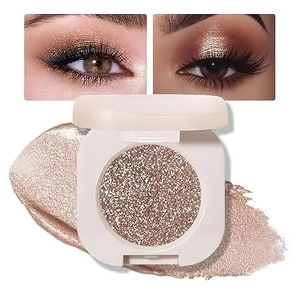 Single Golden Brown Shimmer Eyeshadow,Bright Intense Monochrome Eye Shadow,Apply Makeup Easily,Glitter Pressed Powder Single Eyeshadow,24 Hour Eye Makeup Longwear Waterproof