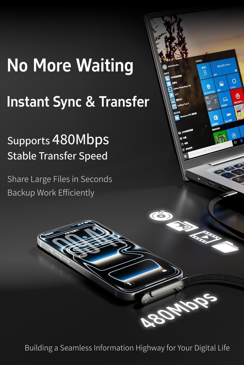 Basemo 240W Super Fast Charging Cable with Stand for iPhone Samsung Type-C Compatible Gaming Office Car Travel Black Cellphone Smartphone Mount Lightning