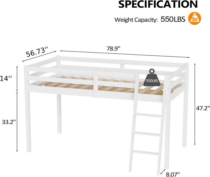VINGLI 47'' Tall Junior Low Loft Bed with Stairs, White Wood Loft Bed Twin Size for Adults, Kids and Young Teens, No Box Spring Required,Wood Slat Support