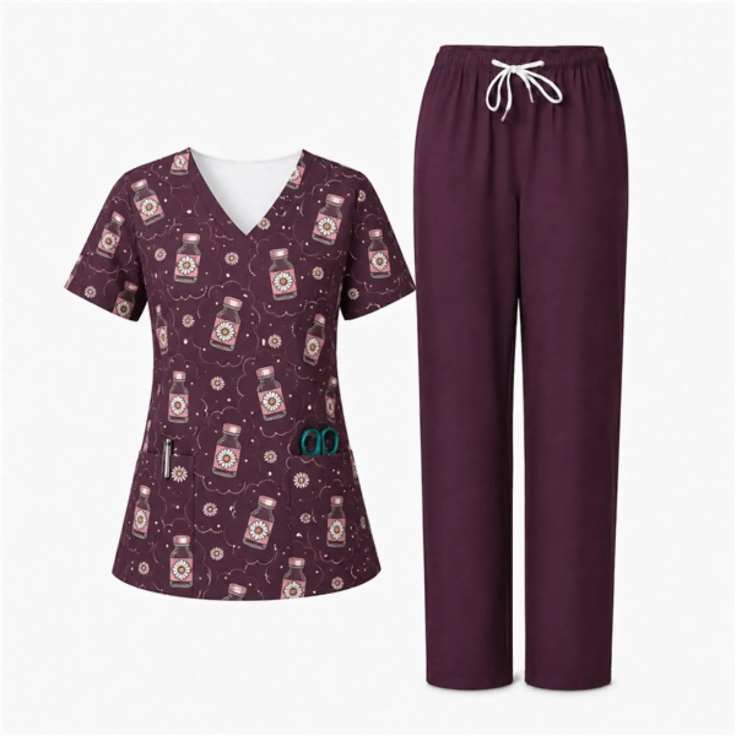 White Neck Lining Dark Purple Medical Scrub Set Cute Daisy Bottle Print for Healthcare Workers Comfortable Workwear