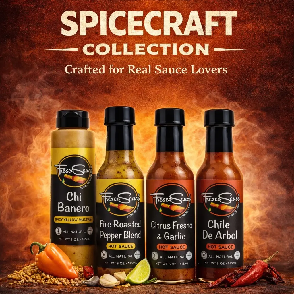 Fresco Sauce - Fabulous Hot Sauce Gift Box 4 Pack - Chi Banero Mustard, Fire Roasted Pepper Blend, Citrus Fresno & Garlic, Chile De Arbol - All Natural Flavor Dip