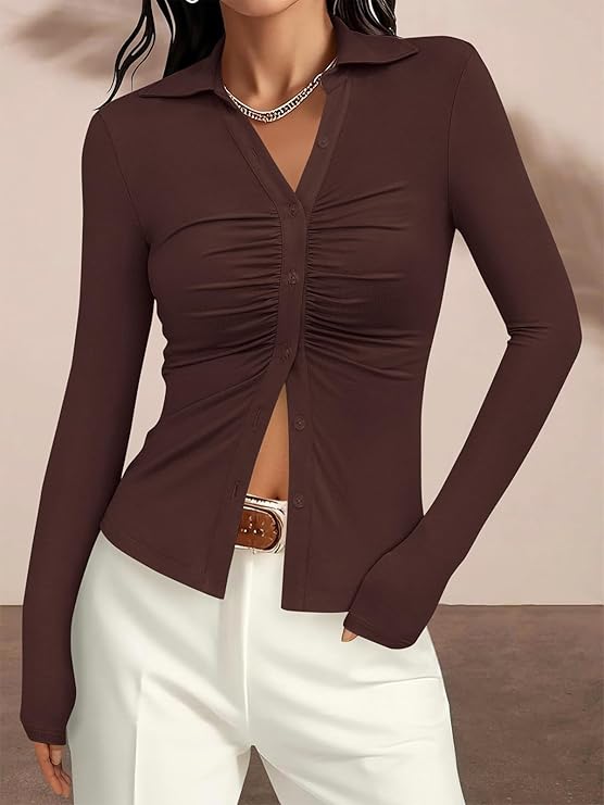 PrettyGarden Womens' Button Down Shirts V Neck Collared Ruched Slim Fit Long Sleeve Shirt Casual Fall Fashion Ladies Tops