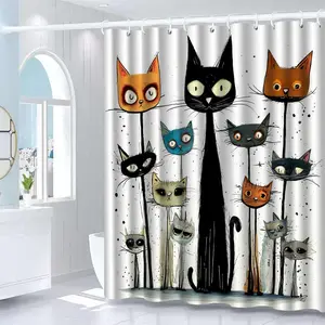 Cat Pattern Shower Curtain, 1 Count Waterproof Bathroom Curtain with 12pcs Hooks, Bathroom Decor for Home Hotel Salon Dormitory