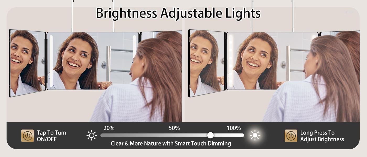 Umitec Adjustable LED Light 3 Way Mirror, Portable Trifold Mirror for Shaving, Grooming, Hair Styling, Dye Hair, Makeup, Braiding, 360 Degree Mirror