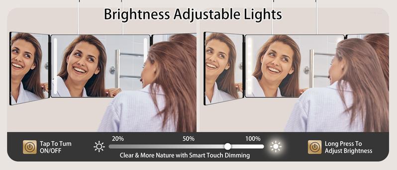 Umitec Adjustable LED Light 3 Way Mirror, Portable Trifold Mirror for Shaving, Grooming, Hair Styling, Dye Hair, Makeup, Braiding, 360 Degree Mirror