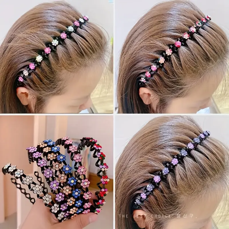 Women's Plastic 4-Piece Elegant Shiny Rhinestone Flower Decorative Headbands, Non-Slip Hair Bands for Daily Wear