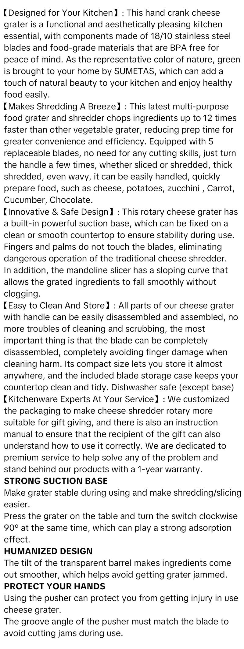 SUSTEAS Rotary Cheese & Veggie Chopper – 5 Blades, Suction Base, Bonus Organizer | Green Food Slicer & Chopper Utensil for Kitchen