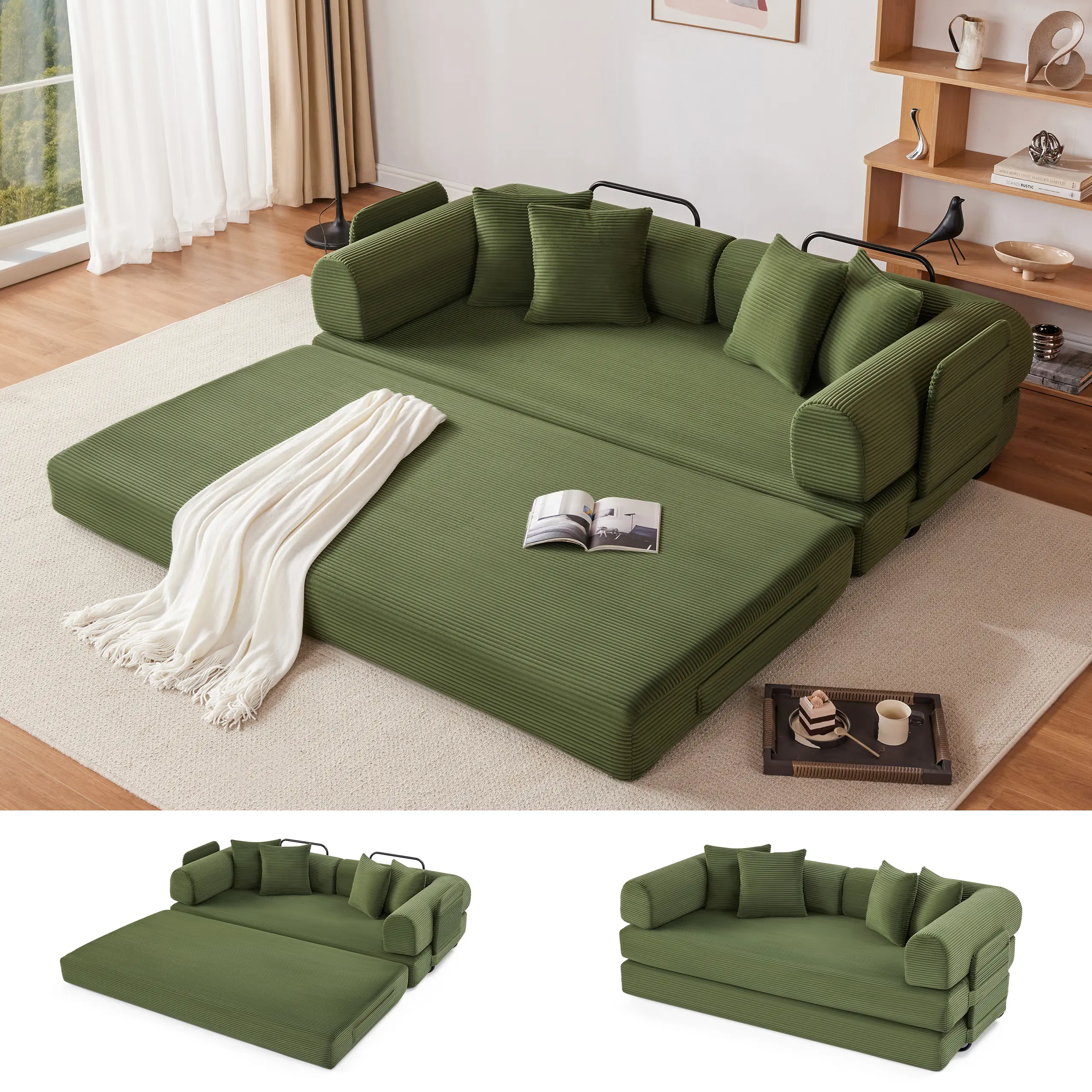 【1-2 Packages】79-118" Convertible Sleeper Sofa Bed with 4 Pillows, 5-in-1 Corduroy Futon Couch for Small Spaces, Boneless Couch Floor Modular Sofa with Fixed-Shape Frame, For Guest Bed & Kids Play Area with Washable Cover,teddy sofa for Adults,No-Assembly