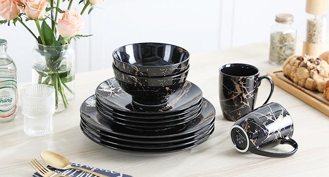 Plates and Bowls Sets for 4, Black Dinnerware Sets 16 Piece Gold Splash Glaze Round Dish Set, LOVECASA Porcelain Plate Set with Mugs Dishwasher Microwave Safe