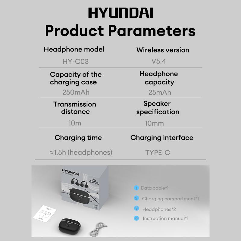 HYUNDAI C03 Clip-On Wireless Headphones with 2025 Bluetooth 6.0 for Faster, Stable Connection & Low Power Use, DT6.0 Pulse Directional Tech, 360° ACS Panoramic Sound, IPX5 Waterproof Electronic Headset Earbuds for Music & Calls, Comfortable for Sports