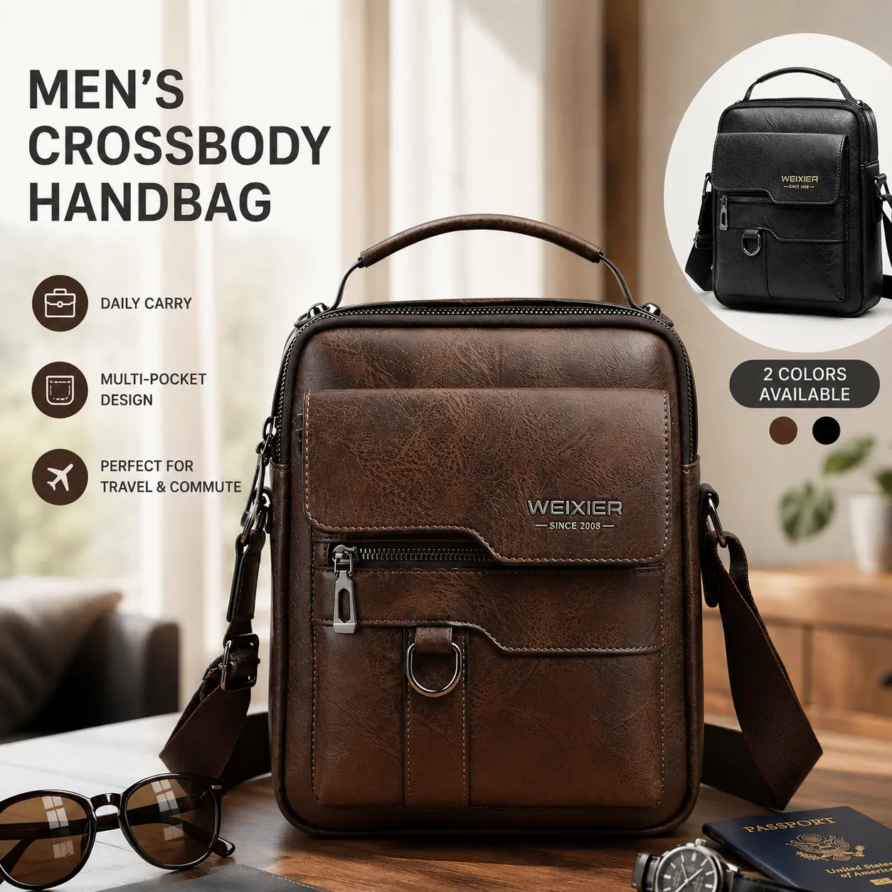 WEIXIER Men’s Crossbody Bag, Vintage Leather-Look Shoulder Handbag, Multi-Pocket Small Messenger Bag with Adjustable Strap for Travel, Work, Commute & Daily Carry