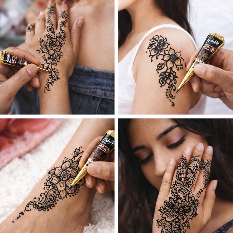 12pcs Henna Colored Hand-Drawn Temporary Body Art Tattoo, Plants-Based Stain Pigment, 1 Box, Henna Tattoo, Natural Plant Ink