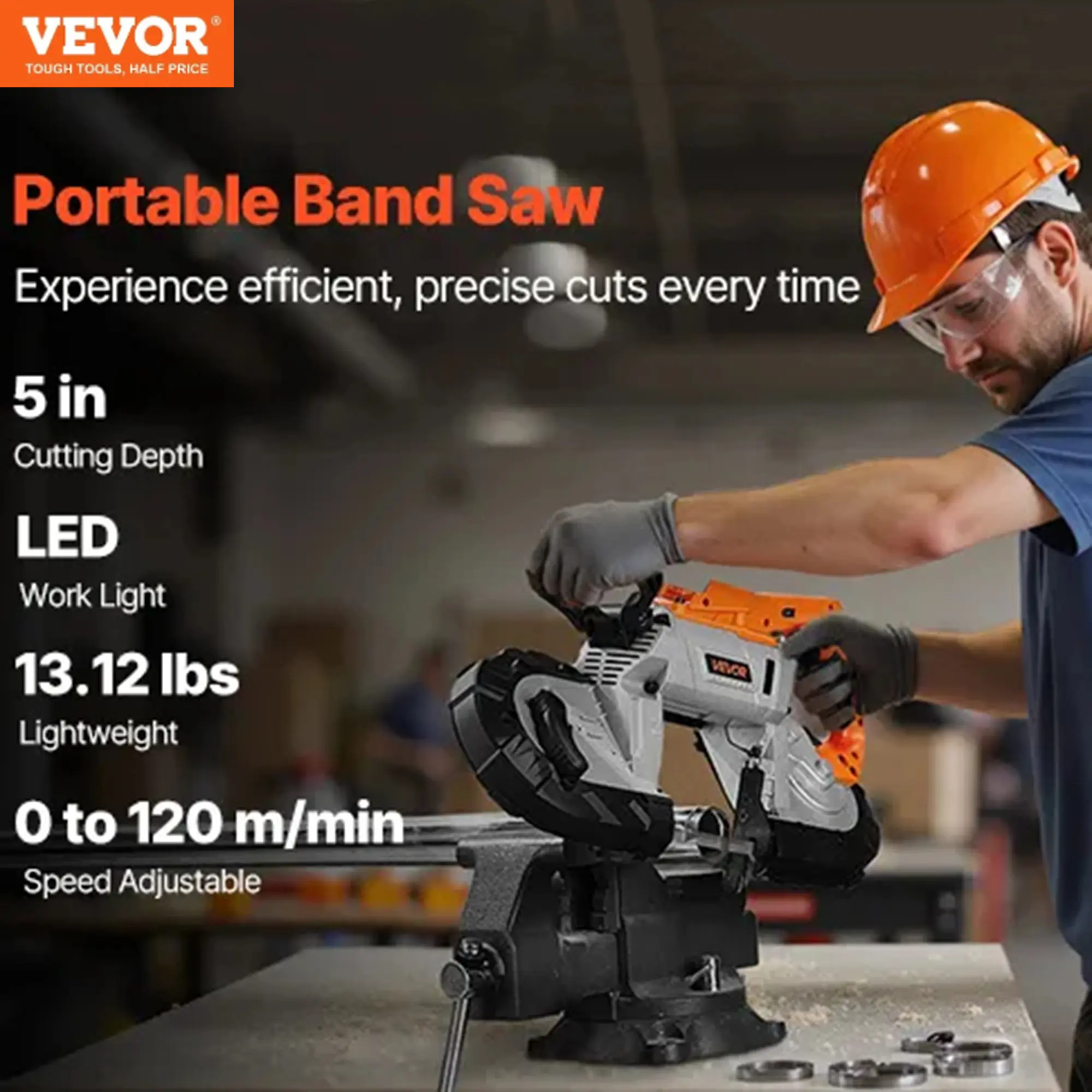 VEVOR 20V Portable Band Saw, 2.56/5 Inches Deep Cut, 360W Bandsaw with Brushless Motor, Cordless and Compact Portaband, Hang Hooks, 0-120 m/min Variable Speed, for Cutting Metal, Wood (Bare Tool Only)