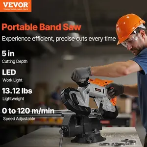 VEVOR 20V Portable Band Saw, 2.56/5 Inches Deep Cut, 360W Bandsaw with Brushless Motor, Cordless and Compact Portaband, Hang Hooks, 0-120 m/min Variable Speed, for Cutting Metal, Wood (Bare Tool Only)