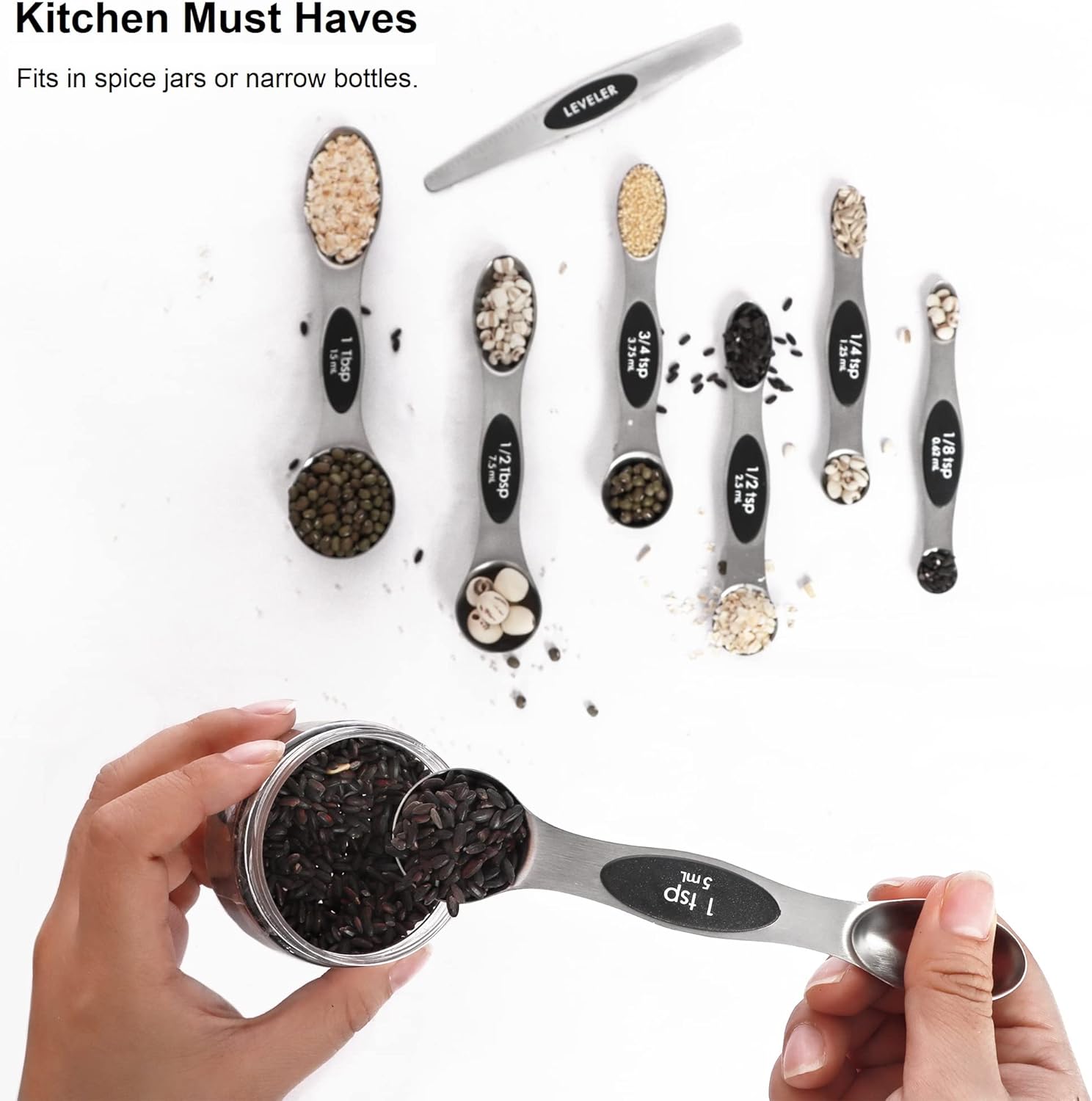 Stainless Steel Magnetic Spoons 7 Set with Leveler for Baking, Stackable Metallic Spice  Kitchen Utensils and Gadgets Measure Cups Measuring