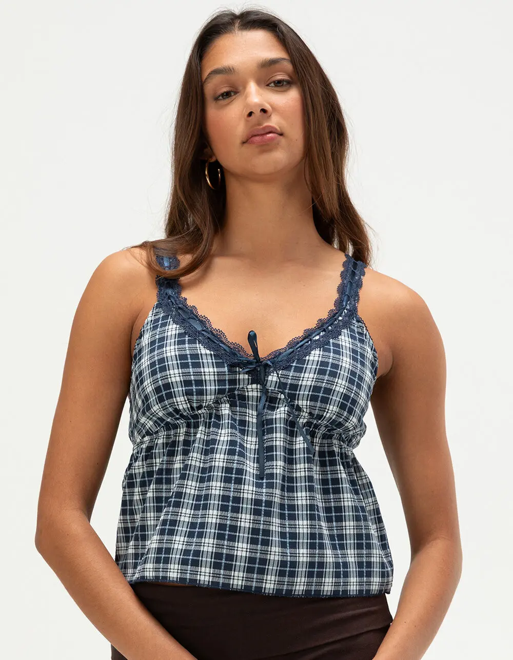 MADDEN GIRL Womens Plaid Babydoll Top