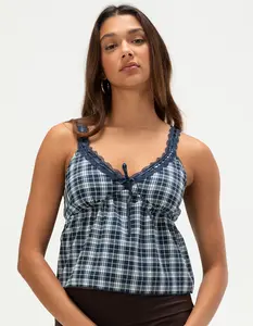 MADDEN GIRL Womens Plaid Babydoll Top
