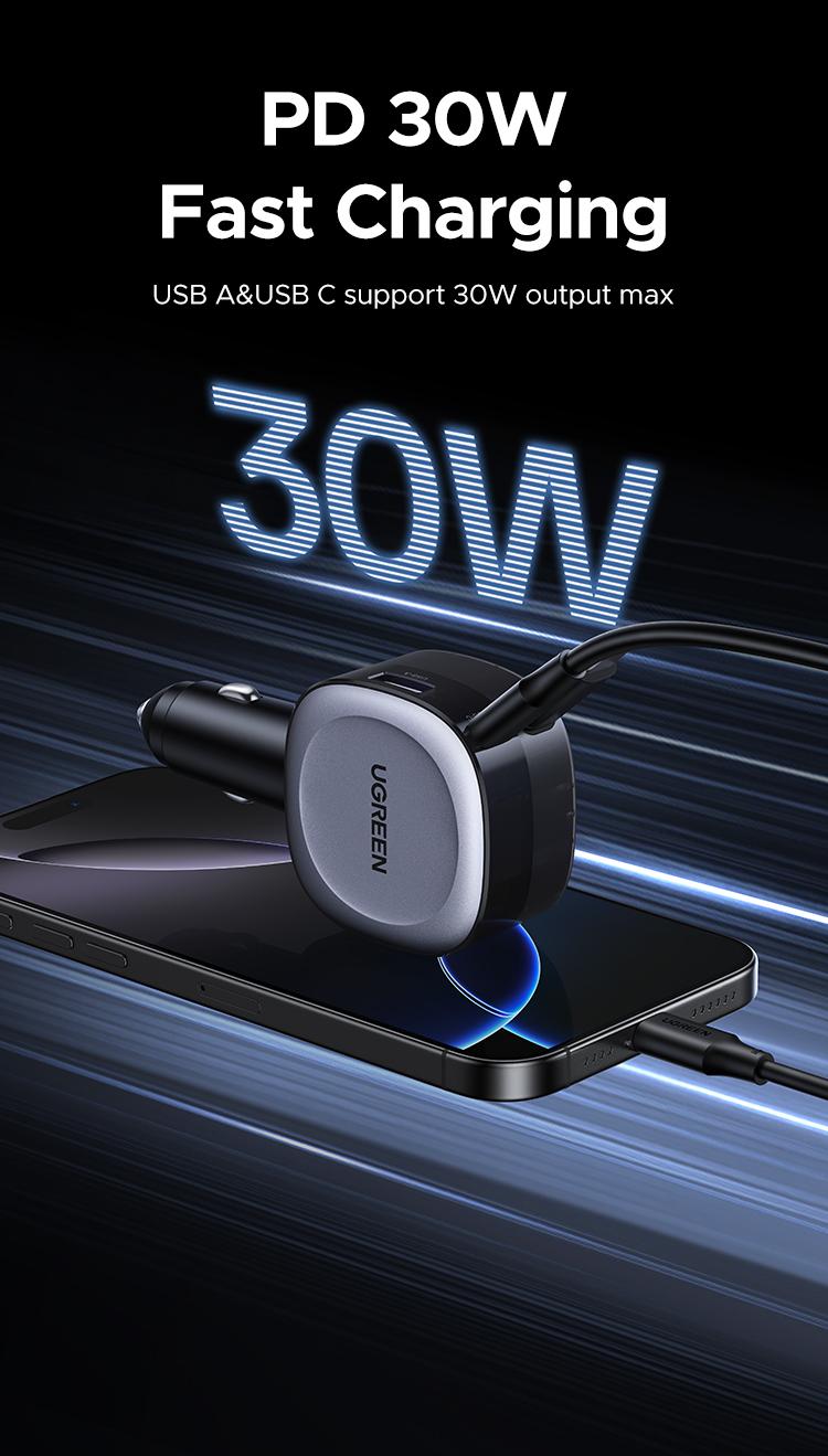 UGREEN Retractable Car Charger, 75W USB C Car Accessories Adapter for iPhone 17/16 USB C Charger Fast Charging, Deals for you, Travel Essentials Gifts for Women Men,September Restock，TikTokShopBlackFriday ,TikTokShopHolidayHaul