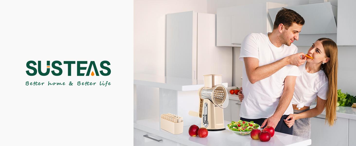 SUSTEAS Vegetable Food Chopper with 5 Replaceable Blades, Powerful Suction Cup Base, 18/10 Stainless Steel, BPA Free,  Kitchen Gadgets Cooking Cutting Multifunctional Cabbage Grater Utensils Beige